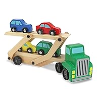 Car Carrier Truck and Cars Wooden Toy Set With 1 Truck and 4 Cars - Vehicle Toys, Push And Go Wooden Trucks For Toddlers And Kids Ages 3+
