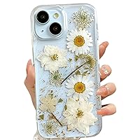 for iPhone 13 / iPhone 14/ iPhone 15 Clear Case with Pressed Real Flowers Design,Glitter Cute White Floral Pattern Soft TPU Protective Women Girl's Phone Cover for iPhone 13/14/15