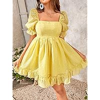 Womens Dresses pc Square Neck Puff Sleeve Ruffle Hem Dress (Color : Yellow, Size : Small)