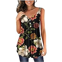 Women Bohemian Floral Button Henley Tunic Tank Tops Summer V-Neck Casual Loose Flowy Fashion Sleeveless T-Shirts