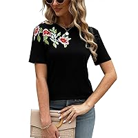 Mexican Shirts for Women Floral Embroidered Tops Short Sleeve Blouses Women's Traditional Fiesta Tees Tunic Peasant