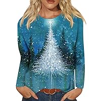Long Sleeve Shirts for Women Christmas Print Long Sleeve Tunics Tops Casual Round Neck Loose Holiday Shirts Blouses