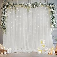 10×10ft White Tulle Backdrop Curtain with Lights String for Parites, Sheer Curtain Backdrop Drapes for Wedding Party Home Decorations