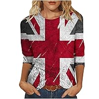 Vintage UK Flag Print Shirts for Women United Kingdom Great Britain National Days T-Shirts 3/4 Sleeve Crewneck Tops