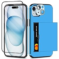 SAMONPOW for iPhone 15 Wallet Case with Screen Protector & Camera Cover 4-in-1 Full Body Hybrid iPhone 15 Case with Card Holder Shockproof Protective Phone Case for iPhone 15 for Women Men(Light Blue)