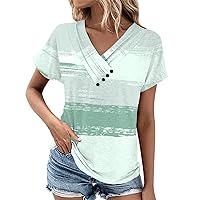 Vacation Outfits for Women 2024 Womens Summer Tops Fashion Ladies V Neck T Shirts Lightweight Short Sleeve Button Blouses