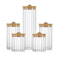 FANTESTICRYAN Glass Storage Jars Set of 5, Decorative Coffee Bar Container with Airtight Bamboo Lid Metal Ring for Home Kitchen Storing Candy, Cookie, Pasta, Nuts, Oatmeal and Bathroom Salt