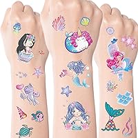 JUNEBRUSHS Glitter Mermaids Tattoos for Kids, 12 Sheets Designs Glitter Fake Tattoos, Gift for kids Stickers with Ocean Creatures & Under The Sea Animal, Fit Birthday Party Favor Supplies