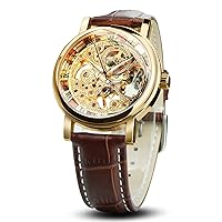 Classic Skeleton Wristwatch Couple Watch Men and Women Set 38mm Round Case Hand Wind Mechanical Men's Watch Replacement Extra Genuine Leather Strap Brown Black Vintage Retro Engraved