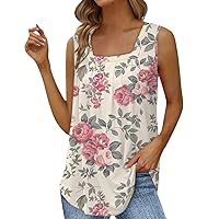 Women Tank Tops Summer 2023 Tunic Top Sleeveless Square Neck Pleated Print Shirt Lady Loose Flowy Basic Tee Blouses