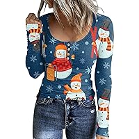 Christmas Shirts for Women Henly Neck Button Down Workout Shirts Slim Fit Snowman Santa Claus Womens Plus Size Shirts