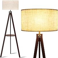 LEPOWER Tripod Floor Lamp, Mid Century Wood Standing Lamp, Modern Design Shelf Floor Lamp for Living Room, Bedroom, Office, Flaxen Lamp Shade with E26 Lamp Base