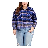 Womens Blue Pocketed Frayed Bleached Hem Plaid Cuffed Sleeve Collared Hi-Lo Top Plus 2X