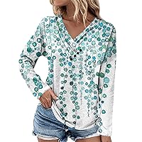 Workout Tops for Women Button Pleated V Neck T Shirts Long Sleeves Blouse Print Tees Lightweight Workout Tops