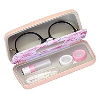 Muf Contact Lens Case and Glasses Case,2 in 1 Double Sided Contact Case with Mirror,Tweezer,Remover and Contact Solution Bottle for Travel Kit,Dual Use Contact Lens Travel Case,Pink