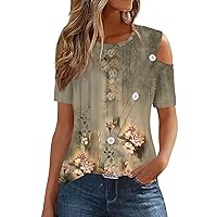 Cold Shoulder Tops for Women, Summer 2024 T Shirts Button Vintage Graphic Tees Tshirts, S XXXL