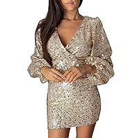 Summer Dresses for Women Women's Sexy Sequin Dress Wrap V Neck Ruched Bodycon Spaghetti Straps Cocktail Party