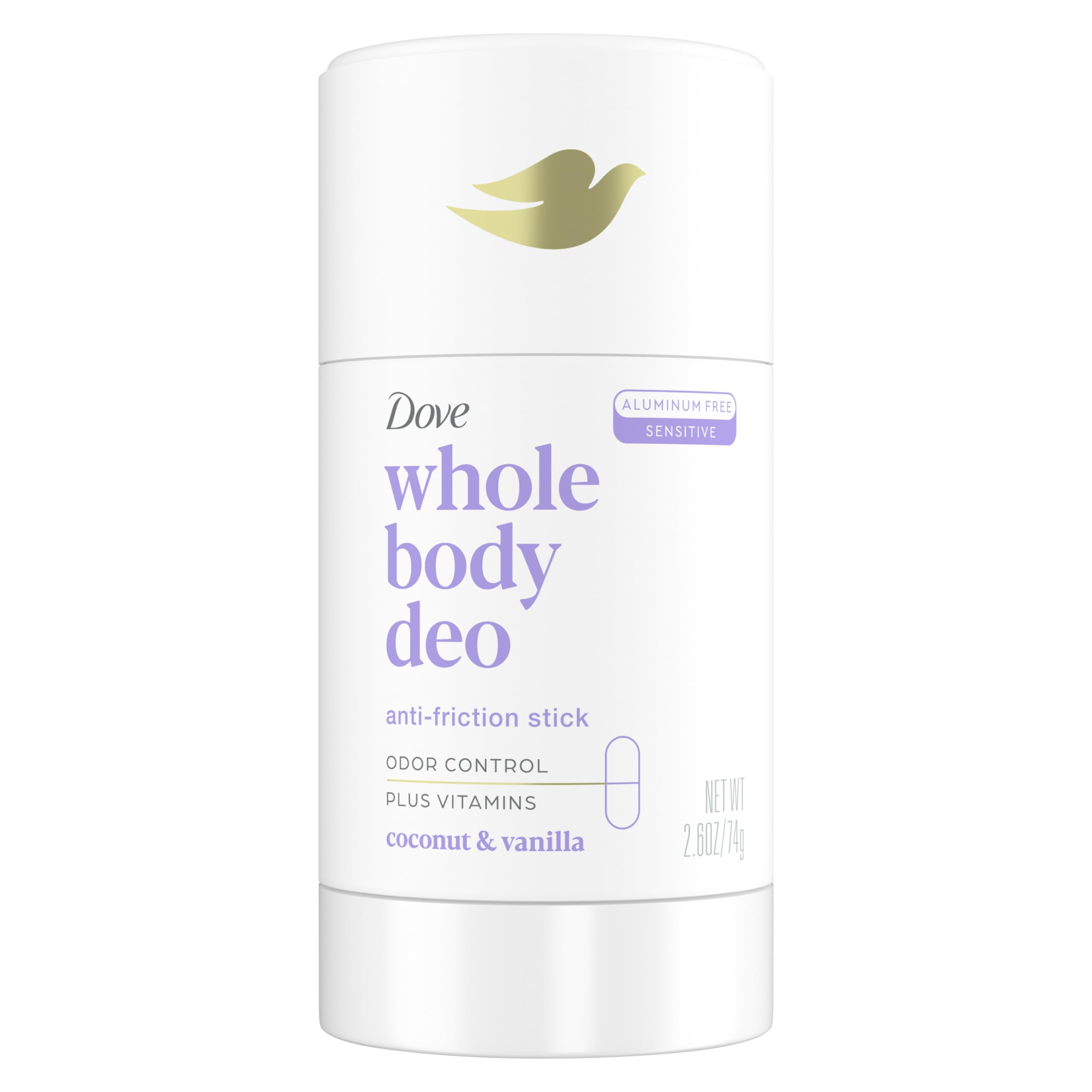 Dove Whole Body Deo Aluminum Free Deodorant Stick Coconut + Vanilla for Body Odor Control, 2.6 oz