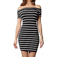 Women's Slim-Fit Off Shoulder Short/Long Sleeved Stripe Dress