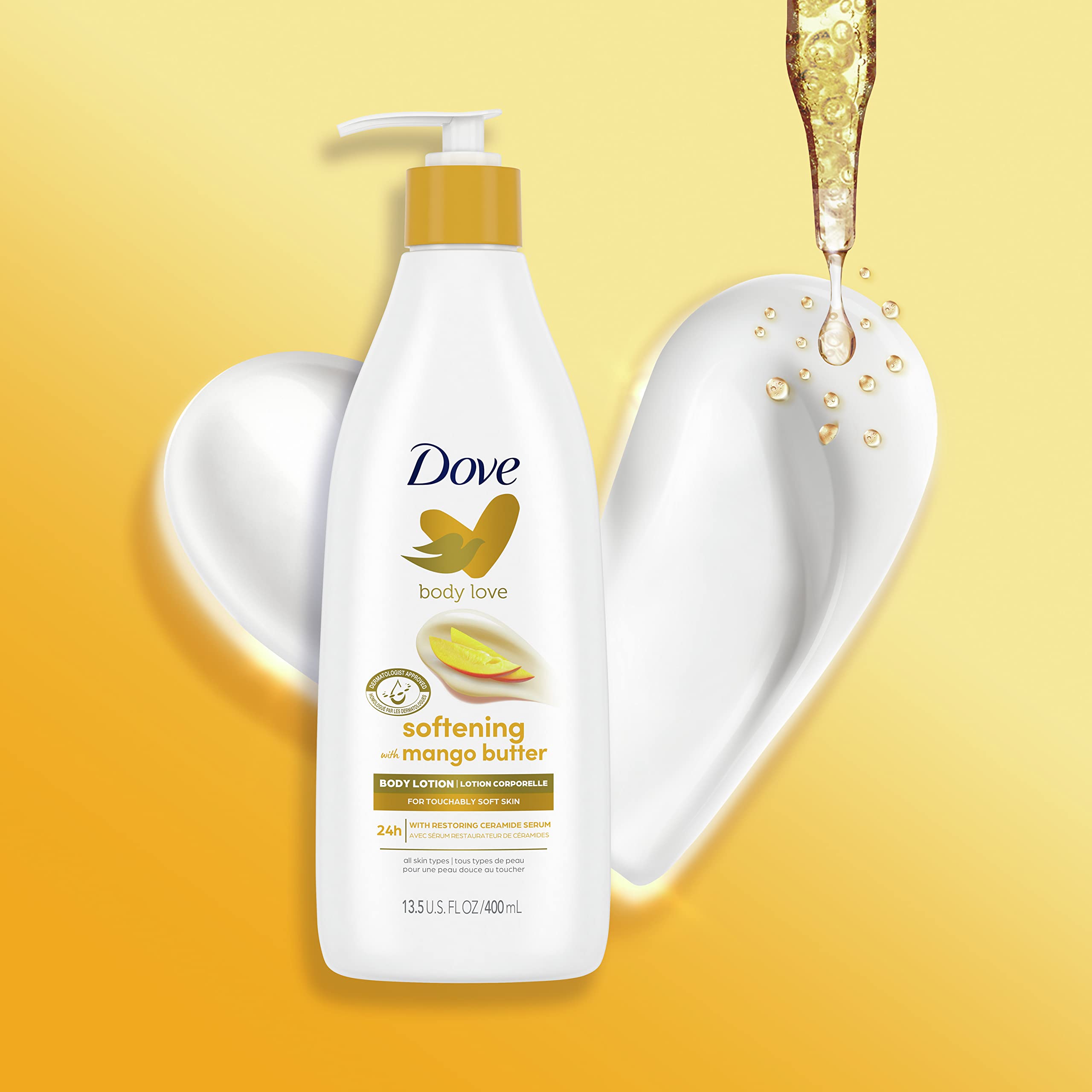 Dove Body Love Softening Body Lotion with Mango & Almond Pack of 3 For Touchably Soft Skin Butters Lotion for Dry Skin with Restoring Ceramide Serum 13.5 oz