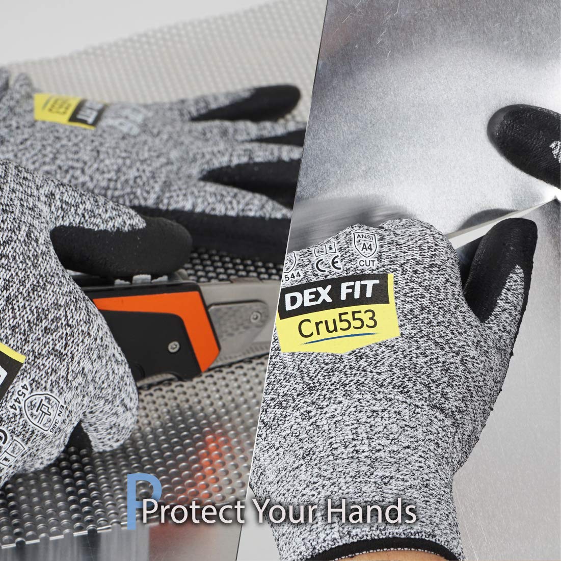 DEX FIT Level 5 Cut Resistant Gloves Cru553, 3D-Comfort Fit, Firm Grip, Thin & Lightweight, Touch-Screen Compatible, Durable, Breathable & Cool, Machine Washable; Grey M (8) 1 Pair