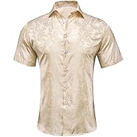 Hi-Tie Designer Silk Solid Mens Beige Dress Shirt Regular Fit Short Sleeve Button Down Shirts for Party Vacation(2X-Large)