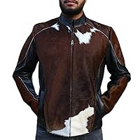 Men Cowhide Leather Jacket with Real Pony Skin Stylish Animal Print Round Collar Zip Jacket