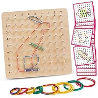 Skrtuan Wooden Geoboard with Rubber Bands, Montessori Educational Toy for Kids, Pattern Block Geo Board with Pattern Cards and Rubber Bands Create to Figures Shape STEM Puzzle Matrix Brain Teaser