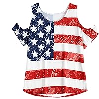 Women's American Flag T-Shirt Casual Cold Shoulder Tunic Tops Loose Blouse Shirts