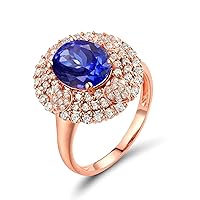 KnSam Rings for Women 18K Rose Gold 4 Claws Oval Cut Blue Tanzanite 2.09ct IF and 0.71ct Diamond Rose Gold