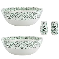 Fitz and Floyd Sicily Green Serving Bowls with Salt & Pepper Shakers, Set of 2