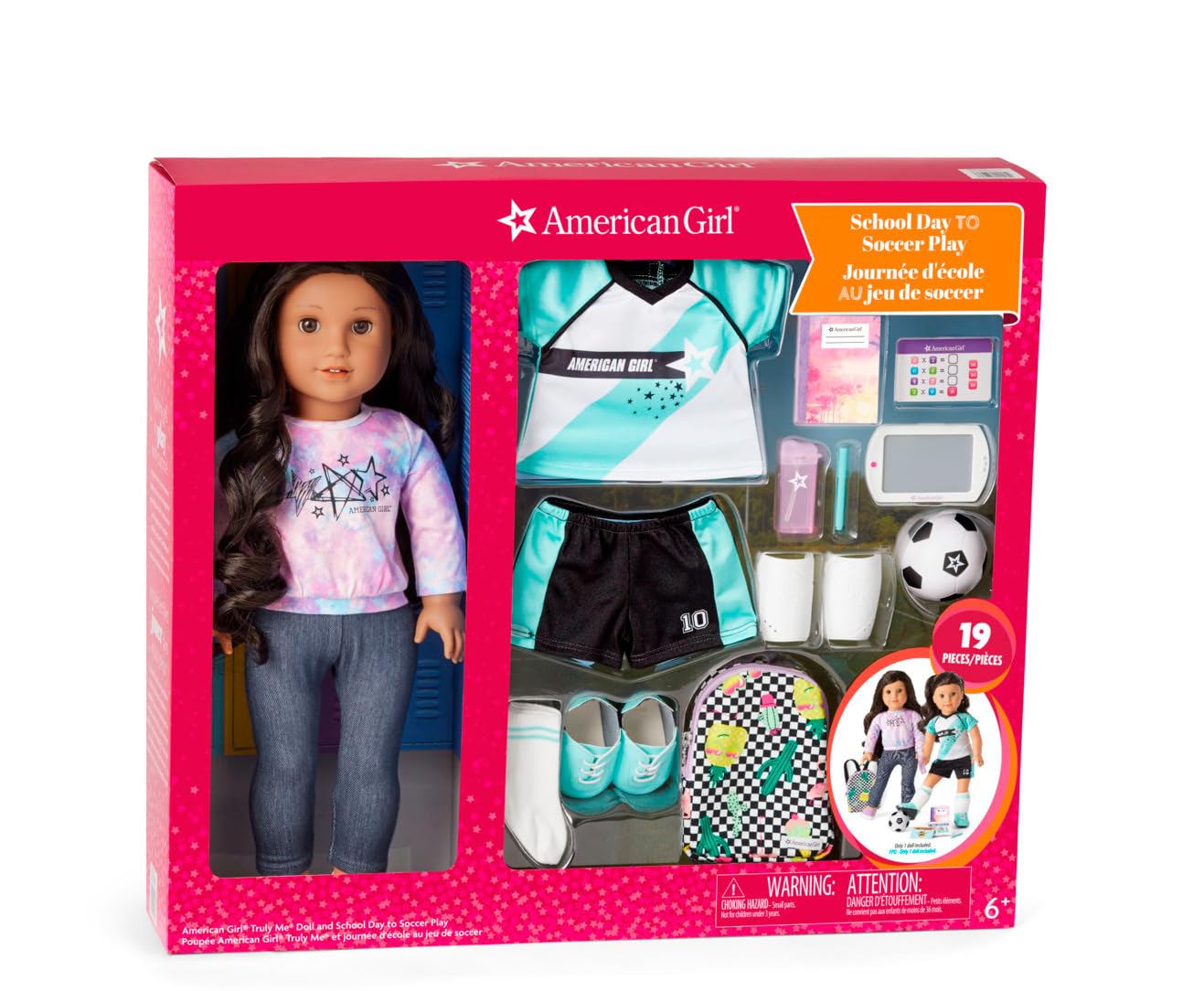 American Girl Truly Me 18-inch Doll 82 and School Day to Soccer Play Set with Brown Eyes, Curly Dark-Brown Hair, tan Skin with Warm Neutral Undertones, tie-dye Sweatshirt, Supplies, Game Gear Ages 6+