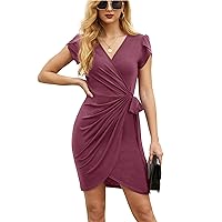 GRECERELLE Womens V-Neck Petal Short Sleeve Faux Wrap Dress for Casual Cocktail Party Work