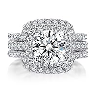 Ahloe Jewelry CEJUG 2Ct Bridal Ring Sets for Women Engagement Rings Wedding Bands 14k White Gold Halo Round Cz Three-in-one Size 6-10