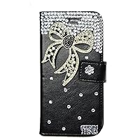 Crystal Wallet Phone Case Compatible with Samsung Galaxy S20 FE 5G - Bow - Black - 3D Handmade Sparkly Glitter Bling Leather Cover with Screen Protector & Beaded Phone Lanyard
