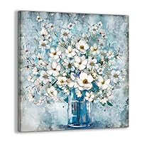 Bedroom Decor Canvas Wall Art Framed Wall Decoration Modern Gallery Wall Decor Print White Flower in Blue Bottle Theme Picture Artwork for Walls Kitchen Living Room Decor Size 20x20