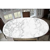 Marble Elastic Edged Polyester Fitted Tablecolth, Oval/Olbong Fitted Table Cover Outdoor Picnic Patio Party or Indoor Canteen Dinner Dining Tables Decor, Fits Tables up to 36