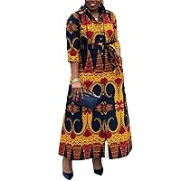 Womens Casual Floral Print 3/4 Sleeve V Neck Long Maxi African Dress Party Outfits with Belt