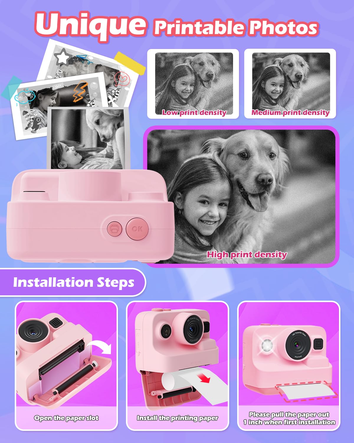 Anchioo Instant Print Camera for Kids,2.4 Inch Screen Kids Camera for Girls with Zero Ink Print Paper,Birthday Gift for Girls Boys Age 3-12,1080P Instant Camera Toys for 3 4 5 6 7 8 Year Old Girl-Pink