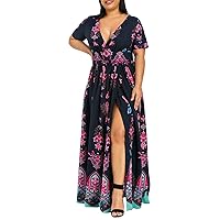 Plus Size Maxi Dress for Women Sexy Deep V Neck Empire Waist Bohemian Dress Loose Butterfly Print Slit Long Dress