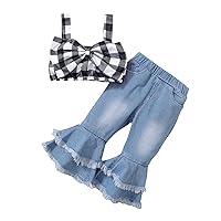 Crop Top Pants Toddler Infant Kids Gilrs Plaid Bowknot Sleeveless Top Jeans Pants 2pcs Outfit Set Clothes Girl Clothes Auntie (Black, 18 Months)