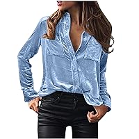 Vintage Velvet Tops for Women Long Sleeve Button Down Lapel Shirts 2024 Spring Casual Dressy Blouses with Pockets