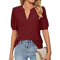 Women's Tshirts Fashion V-Neck Solid Colour T Shirt Hollow Bubble Sleeve Loose Top T Shirts, S-2XL