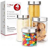 EatNeat Set of 4 Glass Canisters with Stainless Steel Lids - Sleek Airtight Glass Storage Containers for Flour, Sugar, Coffee, and Snacks, Essential for Kitchen Organization, Clear, Various Sizes