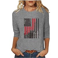 American Flag Shirts for Women 4th of July Independence Day Tee Tops Fashion 3/4 Sleeve Crewneck Blouses Ladies Tunic Tshirt