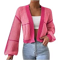 2023 Womens Crop Cardigan Sweater Fall Fashion Lantern Sleeve Color Block Open Front Outwear Casual Loose Knit Tops