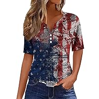 4th of July Button Down Shirt Women,American Flag Patriotic Button Shirts Women 4Th of July Shirts Short Sleeve Stars Stripe V Neck Red and Blue Tops Women's American Flag Shirt