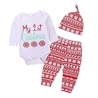 Baby My 1st Christmas Outfit Long Sleeve Romper Snowflakes Printed Pants Hat 3PCS My First Xmas Clothes Set