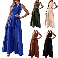 Women's Summer Tunic Long Dress Sleeveless Casual Tank Beach Sundress Solid Color A Line Tiered Maxi Dress