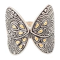 NOVICA Artisan Handmade 18k Gold Accented Cocktail Ring with Butterfly Motif .925 Sterling Silver Indonesia Animal Themed 'Give Me Butterflies'